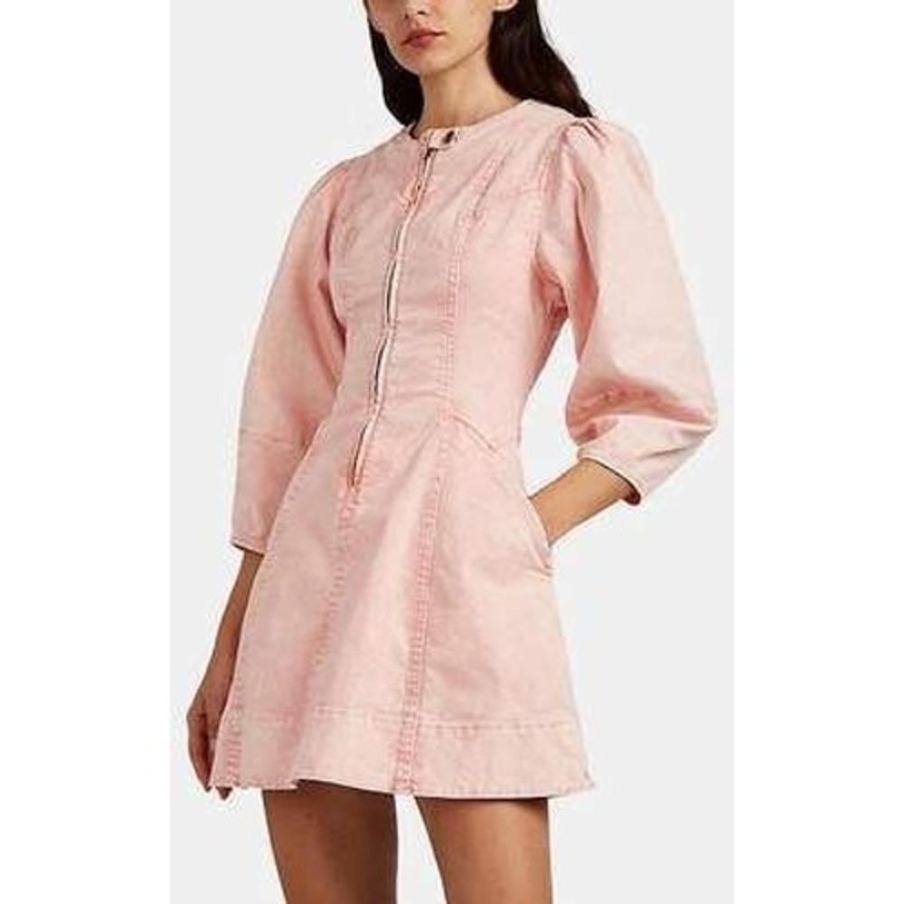 Ulla Johnson Pink Acid Wash Denim Puff Sleeve Zip Front Wilona Mini Dress Size 2